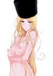  blonde_hair blush breasts brown_eyes crossed_arms fetishist fur_hat ginga_tetsudou_999 hat highres large_breasts long_hair maetel nipples nude simple_background solo very_long_hair white_background 