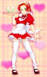  blush crossdressing daimon_masaru digimon digimon_savers dress full_body glass green_eyes green_tea highres maid maid_headdress male_focus o3o otoko_no_ko red_dress red_hair solo tea thighhighs tray white_legwear 