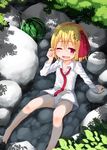  barefoot blonde_hair child day dress_shirt food fruit hair_twirling necktie no_pants one_eye_closed panties partially_submerged red_eyes rumia shirt sitting solo tec touhou underwear water watermelon white_panties wince 