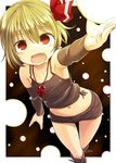  :d alternate_costume bare_shoulders blonde_hair boots camisole casual contemporary detached_sleeves fang foreshortening gauntlets hair_ribbon highres hips jewelry looking_at_viewer midriff navel necklace no_nose open_mouth red_eyes ribbon rumia shirt short_shorts short_sleeves shorts smile solo sweat thigh_gap touhou yudepii 