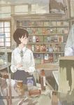  bottle brown_hair looking_away original profile school_uniform shelf short_hair solo wamizu 