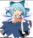  angry blue_dress blue_eyes blue_hair blush bow cirno do_(4-rt) dress fang hair_bow highres ice ice_wings open_mouth pointing pointing_at_viewer puffy_sleeves shirt short_sleeves solo tears touhou wings 