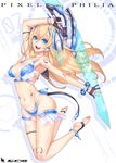  2d anklet arm_above_head barefoot barefoot_sandals bikini blonde_hair blue_eyes bracelet breasts cleavage feet highleg highleg_bikini highleg_swimsuit jewelry legs long_hair mecha_musume medium_breasts nail_polish navel original robot_joints soles solo swimsuit sword toes weapon 