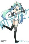  2013 animal_ears artist_name blue_eyes boots cat_ears cat_tail character_name dated elbow_gloves full_body gloves green_hair hatsune_miku highres leg_lift long_hair necktie open_mouth solo standing standing_on_one_leg tail tazaki_hayato thigh_boots thighhighs twintails very_long_hair vocaloid white_background 