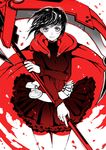  black_hair bullet cape crescent_rose cross dress ruby_rose rueflora rwby scythe short_hair silver_eyes solo weapon 