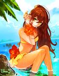  bikini brown_hair elran flower green_eyes legs lips long_hair ocean original ponytail seashell shell shell_to_ear skirt smile solo swimsuit water wet 