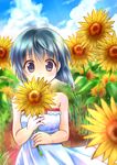  blue_hair bob_cut chousou_kidou_guardian_knights day dress flower nyon_(nx-force) original purple_eyes short_hair sky smile solo sunflower tenno_sachi 