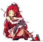  alabaster_(artist) bare_shoulders boots bow detached_sleeves full_body hair_bow highres long_hair magical_girl mahou_shoujo_madoka_magica polearm ponytail red_eyes red_hair sakura_kyouko solo thighhighs weapon white_background 