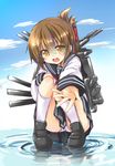  brown_hair cannon cloud day dodome-iro_mayonnaise folded_ponytail hair_between_eyes hair_ornament hair_up hairclip hand_on_own_knee inazuma_(kantai_collection) kantai_collection long_hair looking_at_viewer open_mouth outstretched_hand panties school_uniform serafuku sidelocks sketch skirt socks solo squatting standing standing_on_liquid underwear upskirt white_panties yellow_eyes 