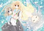  blonde_hair blue_eyes bouquet brown_eyes brown_hair carnation closed_eyes daisy dress flower grey_hair long_hair looking_back morinoamane multiple_girls original school_uniform short_hair smile water 