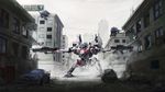  armored_core city dekus from_software gun highres mech mecha original painting robot ruins smoke standing weapon 