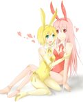  2girls animal_ears aqua_eyes arm arm_grab arm_support arms artist_request bare_shoulders blonde_hair blush bow bowtie breasts bunny_ears bunny_girl bunnysuit detached_collar eiru0517 elbow_gloves eye_contact fake_animal_ears female gloves green_eyes happy heart highres hug kneeling leotard long_hair looking_at_another multiple_girls open_mouth pink_gloves pink_hair red_eyes short_hair sitting small_breasts smile yellow_gloves yuri 