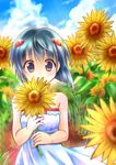  blue_hair bob_cut chousou_kidou_guardian_knights day dress flower hair_ornament nyon_(nx-force) original purple_eyes revision short_hair sky smile solo sunflower tenno_sachi 