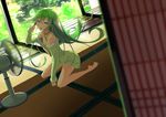  animal_ears bare_shoulders blue_eyes blurry breasts cleavage depth_of_field dutch_angle electric_fan fan green_hair kneeling long_hair looking_at_viewer off_shoulder open_mouth original pajamas small_breasts solo yoo_(tabi_no_shiori) 