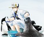  bird black_hair blue_eyes feeding hat jojo_no_kimyou_na_bouken ki61 kuujou_joutarou lowres male_focus penguin seal solo 