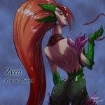  bare_shoulders character_name leaf league_of_legends long_hair monster_girl plant rain ranger_squirrel red_hair solo vines zyra 