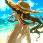 beach brown_eyes brown_hair day dress fate/extra fate_(series) hat kin_mokusei kishinami_hakuno_(female) long_hair solo sun_hat sundress 
