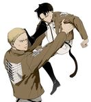  anger_vein animal_ears black_hair blonde_hair blue_eyes boots cat_ears cat_tail emblem erwin_smith highres jacket kemonomimi_mode kicking levi_(shingeki_no_kyojin) multiple_boys par. paradis_military_uniform shingeki_no_kyojin survey_corps_(emblem) tail 