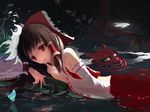  bad_id bad_pixiv_id bare_shoulders bow brown_hair bug butterfly detached_sleeves face_mask finger_to_mouth flower hair_bow hair_tubes hakurei_reimu insect long_sleeves mask night oni_mask red_eyes reflection shirt skirt skirt_set smile solo torii touhou water wide_sleeves yueyue 