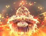  ahoge blonde_hair breasts cleavage fingerless_gloves fist_bump gauntlets gloves long_hair looking_at_viewer medium_breasts natural_wind red_eyes rwby smile solo weapon yang_xiao_long 
