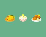  apple_pie bowl cheese food fork green_background ice_cream ice_cream_scoop leaf meat no_humans nona_drops original pie plate rice simple_background smile taco 