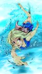  air_bubble barefoot blonde_hair bubble diving fang freediving nmknf_(mkn) red_eyes rumia solo swimming swimsuit touhou underwater 