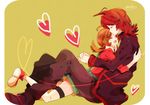  brown_hair heart hug kotone_(pokemon) nicole_(usako) pokemon red_hair signed silver_(pokemon) thighhighs 