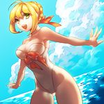  ahoge blonde_hair bow breasts cleavage day fate/extra fate_(series) green_eyes highleg highleg_swimsuit kin_mokusei medium_breasts nero_claudius_(fate) nero_claudius_(fate)_(all) ocean one-piece_swimsuit sky smile solo swimsuit 
