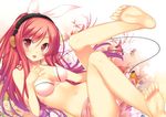  47agdragon barefoot bikini blush breasts cleavage digital_media_player feet floral_background flower hand_on_own_chest headphones ipod legs_up long_hair looking_at_viewer lying medium_breasts navel original peony_(flower) pink_sarong red_eyes red_hair sarong shiny shiny_skin smile soles solo swimsuit toes translucent_sarong white_bikini 