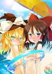  asymmetrical_docking ball beach beachball bikini blonde_hair blue_sky blush bow breast_press breasts brown_eyes brown_hair day green_eyes hair_bow hair_tubes hakurei_reimu hat hat_bow innertube kirisame_marisa looking_at_viewer medium_breasts micro_bikini multicolored multicolored_eyes multiple_girls open_mouth outdoors palm_tree parasol purple_eyes shared_innertube sky small_breasts sun swimsuit tororo touhou tree umbrella underboob white_bow witch_hat 