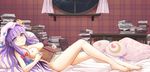  :o bad_id bad_pixiv_id barefoot blush book book_stack breasts cibo_(killy) crescent curtains cushion hat looking_at_viewer lying magic_circle medium_breasts nipples nude on_back patchouli_knowledge pillow purple_eyes purple_hair ribbon round_window solo touhou window 
