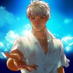  archer dark_skin dark_skinned_male fate/extra fate_(series) kin_mokusei male_focus open_clothes open_shirt outstretched_hand solo tan white_hair 