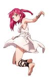 akai_toshifumi ankle_lace-up barefoot bracelet breasts cross-laced_footwear feet full_body highres jewelry long_hair looking_at_viewer magi_the_labyrinth_of_magic medium_breasts morgiana one_side_up red_eyes red_hair sideboob simple_background solo white_background 