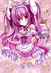  animal_ears bad_id bad_pixiv_id bare_shoulders blush breasts bunny_ears cleavage cowboy_shot cup dress dress_lift food frills hairband honoka_chiffon ice_cream lolita_hairband looking_at_viewer medium_breasts original parfait pocky purple_eyes purple_hair smile solo spoon standing sundae thighhighs tray waitress white_legwear 