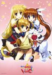  3girls absurdres blonde_hair child fate_testarossa flat_chest fujima_takuya heterochromia highres lyrical_nanoha mahou_shoujo_lyrical_nanoha mahou_shoujo_lyrical_nanoha_vivid mother_and_daughter multiple_girls official_art school_uniform takamachi_nanoha thighhighs vivio yuri 