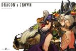  3girls amazon_(dragon's_crown) armor bare_shoulders belt bikini_armor blonde_hair boots braid breasts brown_eyes circlet cleavage cloak detached_sleeves dragon's_crown dress dwarf_(dragon's_crown) elf_(dragon's_crown) fantchi feathers fighter_(dragon's_crown) food fruit gloves hat helmet highres hood huge_breasts ladle large_breasts long_hair multiple_boys multiple_girls muscle muscular_female pointy_ears shorts side_slit sorceress_(dragon's_crown) strapless strapless_dress swimsuit thick_thighs thigh_boots thighhighs thighs twin_braids witch_hat wizard_(dragon's_crown) 