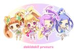  aida_mana blonde_hair blue_bow blue_eyes blue_hair boots bow brown_eyes brown_hair chibi choker copyright_name cure_diamond cure_heart cure_rosetta cure_sword dokidoki!_precure flower green_choker hair_ornament heart hishikawa_rikka kenzaki_makoto magical_girl momoi_komomo multiple_girls one_eye_closed pink_bow pink_footwear pink_sleeves ponytail precure purple_choker purple_eyes purple_footwear purple_hair purple_skirt red_eyes side_ponytail skirt spade_hair_ornament twintails yotsuba_alice 