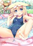  animal_ears animal_print barefoot blonde_hair blue_eyes blush bow cameltoe dripping feet fish_print food fox_ears hair_bow long_hair lying nozomi_tsubame on_back one-piece_swimsuit original partially_submerged popsicle saliva saliva_trail school_swimsuit soles solo spread_legs suzuha_(nozomi_tsubame) swimsuit toes tongue tongue_out transparent wading_pool water wet wet_clothes 