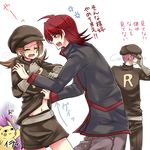  &lt;o&gt;_&lt;o&gt; 2boys :3 anger_vein bad_id bad_pixiv_id blush brown_hair clothes_writing cosplay gen_1_pokemon hat kotone_(pokemon) miniskirt multiple_boys navel nicole_(usako) open_mouth partially_translated pikachu pokemon pokemon_(creature) pokemon_(game) pokemon_hgss red_hair silver_(pokemon) skirt team_rocket team_rocket_grunt team_rocket_uniform tears translation_request twintails undressing 
