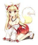  ahoge animal_ears bad_id bad_pixiv_id blonde_hair breasts cleavage fox_ears fox_tail hair_ribbon japanese_clothes jewelry kneeling long_hair medium_breasts miko necklace off_shoulder original red_eyes ribbon sandals sleeves_past_wrists smile solo tail vanilla_(shade) 