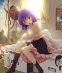  backlighting bad_id bad_pixiv_id bag black_bra box bra bra_removed breasts cardboard_box collarbone crossed_arms curtains fuuen_(akagaminanoka) hat hat_removed headwear_removed hinanawi_tenshi looking_at_viewer messy_room nagae_iku nipples on_bed open_mouth photo_(object) plant potted_plant purple_hair red_eyes ribbon room shirt_removed sitting skirt small_breasts solo thumbtack topless touhou underwear window 