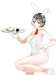  animal_ears bare_legs black_hair bottle breasts brown_eyes bunny_ears bunny_tail bunnysuit cleavage detached_collar food medium_breasts necktie nukadzuke original short_hair solo soy_sauce tail tofu tray wrist_cuffs 