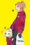  1boy 1girl blonde_hair blue_eyes brown_hair hair_ornament hairclip hand_on_head jacket looking_at_viewer naruto naruto_shippuuden orange_eyes sack short_hair smile um630 yamanaka_fuu yamanaka_ino yellow_background young younger 