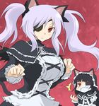  2girls alternate_costume animal_ears black_hair blush breast_envy breasts cat_ears cat_tail cosplay eyepatch fang gothic_lolita huge_breasts large_breasts lolita_fashion looking_at_viewer mirai_(senran_kagura) mirai_(senran_kagura)_(cosplay) multiple_girls open_mouth oro_(zetsubou_girl) paw_pose red_eyes senran_kagura senran_kagura_shoujo-tachi_no_shin'ei tail tears twintails white_hair yagyuu_(senran_kagura) 