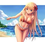  beach bikini blonde_hair blue_eyes bracelet breasts cleavage cloud day flower hair_flower hair_ornament hibiscus jewelry large_breasts leaning_forward long_hair looking_at_viewer moda navel ocean one_piece outdoors shiny shiny_skin side-tie_bikini sky solo swimsuit thigh_gap very_long_hair yumiyokiak 