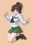  brown_eyes brown_hair girls_und_panzer koyama_yuzu long_hair long_sleeves misnon_the_great ooarai_school_uniform ponytail school_uniform serafuku shoes socks 