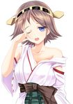  bad_id bad_pixiv_id blue_eyes brown_hair detached_sleeves drooling gorua_(youce01) hairband hiei_(kantai_collection) japanese_clothes kantai_collection off_shoulder one_eye_closed open_mouth rubbing_eyes short_hair sleepy solo 