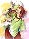  brown_eyes brown_hair cellphone gaen_izuko hair_over_one_eye hat headphones jewelry long_hair monogatari_(series) necklace nekomonogatari phone piro_(orip) wristband 