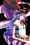  blue_hair bow dress fire food fruit hat hato_haru hinanawi_tenshi leaf long_hair multiple_girls nagae_iku peach purple_hair red_eyes short_hair sword sword_of_hisou touhou weapon 