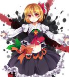  blonde_hair bow embellished_costume hachimitsu_ame_(phoenix) hair_ribbon highres juliet_sleeves long_sleeves looking_at_viewer midriff navel outstretched_arms puffy_sleeves red_eyes ribbon rumia shirt skirt skirt_set smile solo touhou vest 